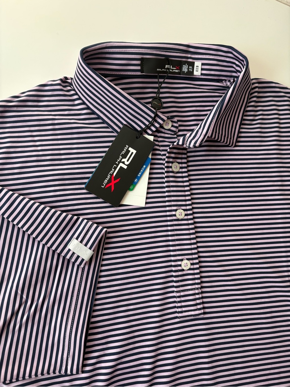 RLX Ralph Lauren Men’s XXL Performance Golf Polo Wicking Navy/Purple Striped